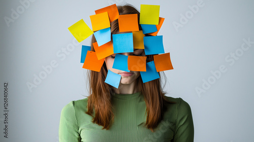 Overwhelmed Woman Covered in Vibrant Sticky Notes, Expressing Mental Workload and Stress