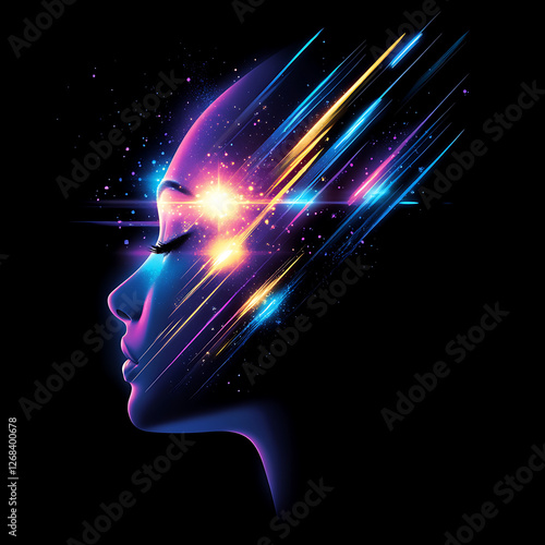 Glowing Profile with Colorful Light Streaks Radiating from the Face on a Dark Background