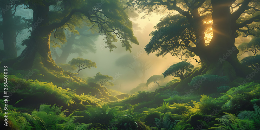 Fototapeta premium A breathtakingly beautiful nature background featuring a majestic, serene, and intriguing scene that exudes tranquility, with lush greenery, towering trees, created by generative ai