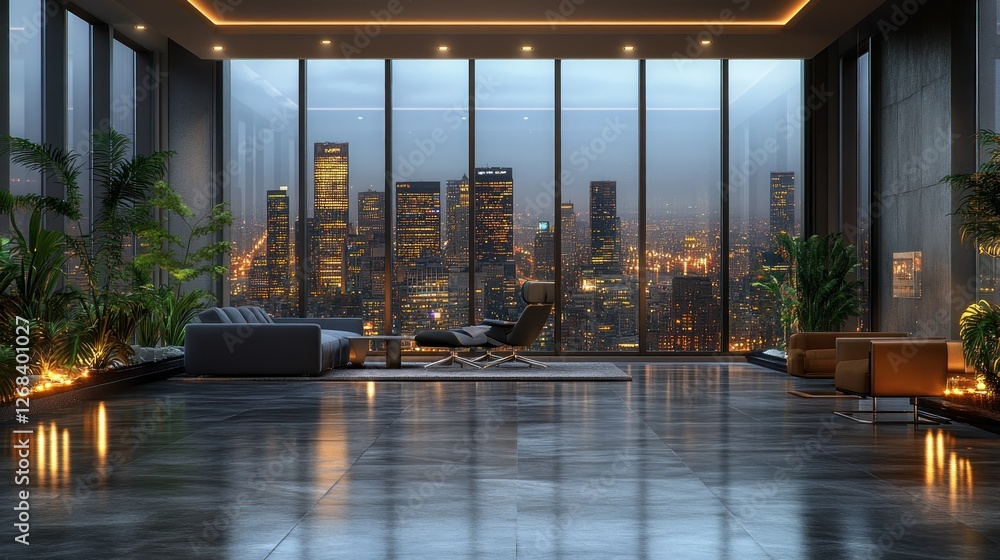Naklejka premium Luxury penthouse twilight city view lounge