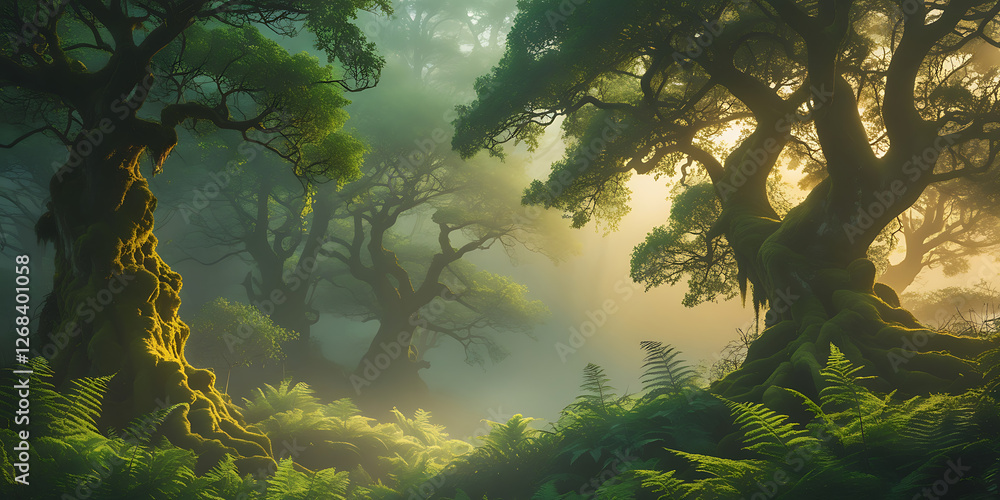 Fototapeta premium A breathtakingly beautiful nature background featuring a majestic, serene, and intriguing scene that exudes tranquility, with lush greenery, towering trees, created by generative ai