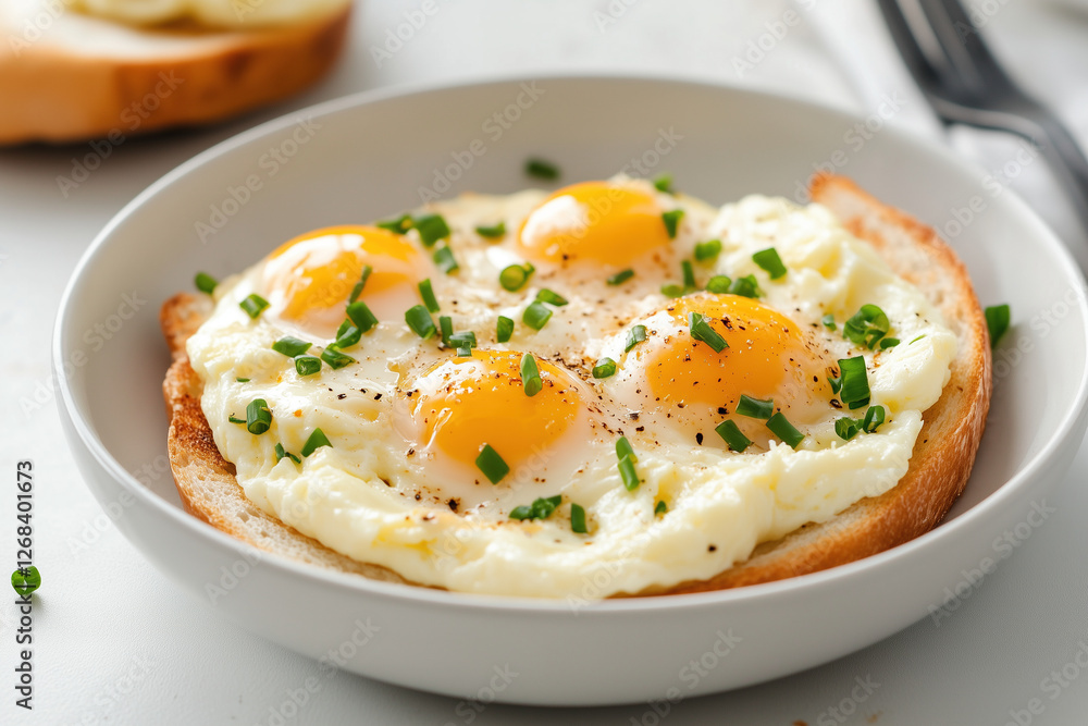 A perfectly cooked sunny-side-up egg dish with chives and black pepper on toast

