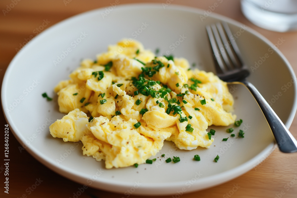 Creamy scrambled eggs with chopped chives on a simple plate
Creamy scrambled eggs with chopped chives on a simple plate