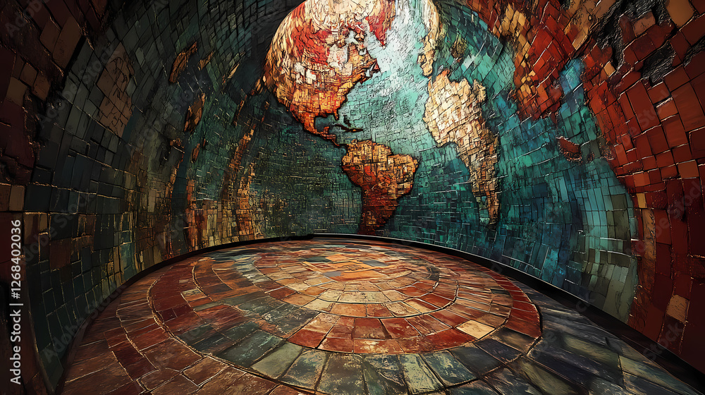 Roman villa atrium with mosaic map of the ancient world vibrant blues reds and greens. Galactic Mosaic Skies. Illustration Roman villa atrium with mosaic map of the ancient world vibrant blues reds and greens. Galactic Mosaic Skies. Illustration