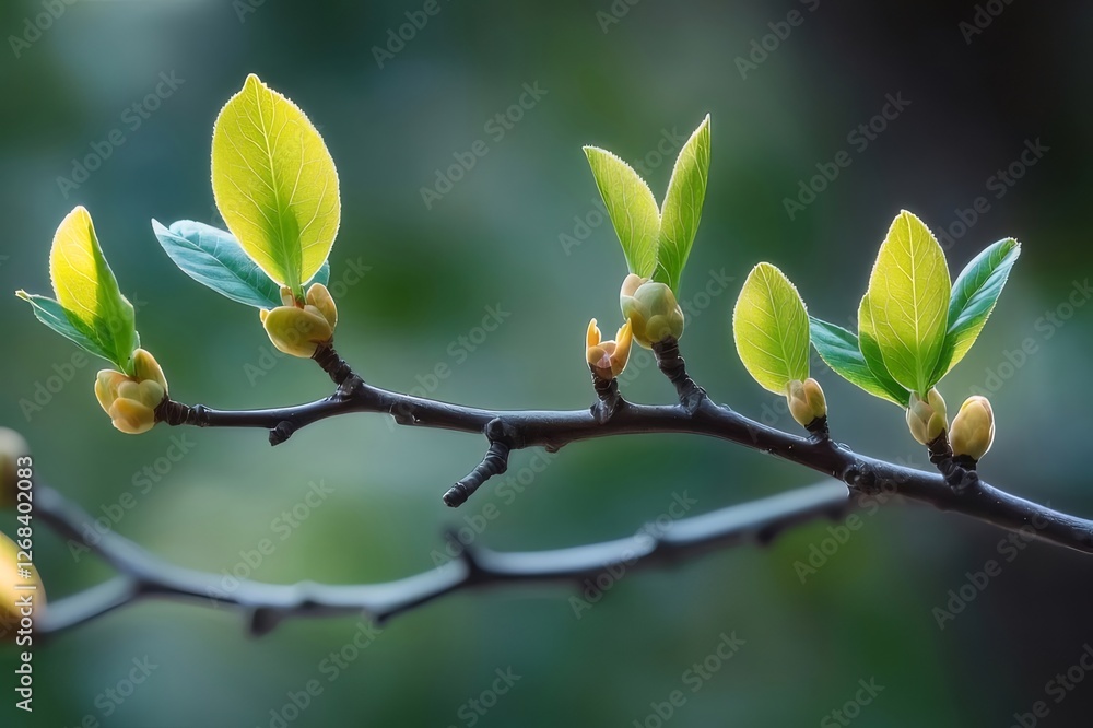Spring Branch, New Growth, Garden, Sunlight, Blurred Background, Nature Poster Spring Branch, New Growth, Garden, Sunlight, Blurred Background, Nature Poster
