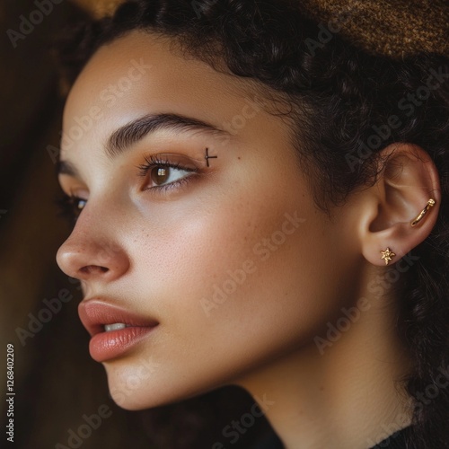 Profile of a woman with piercings and elegant makeup photo