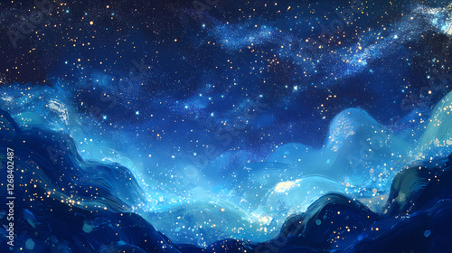 Zodiac constellations on a starry, blue background. Galactic Mosaic Skies. Illustration