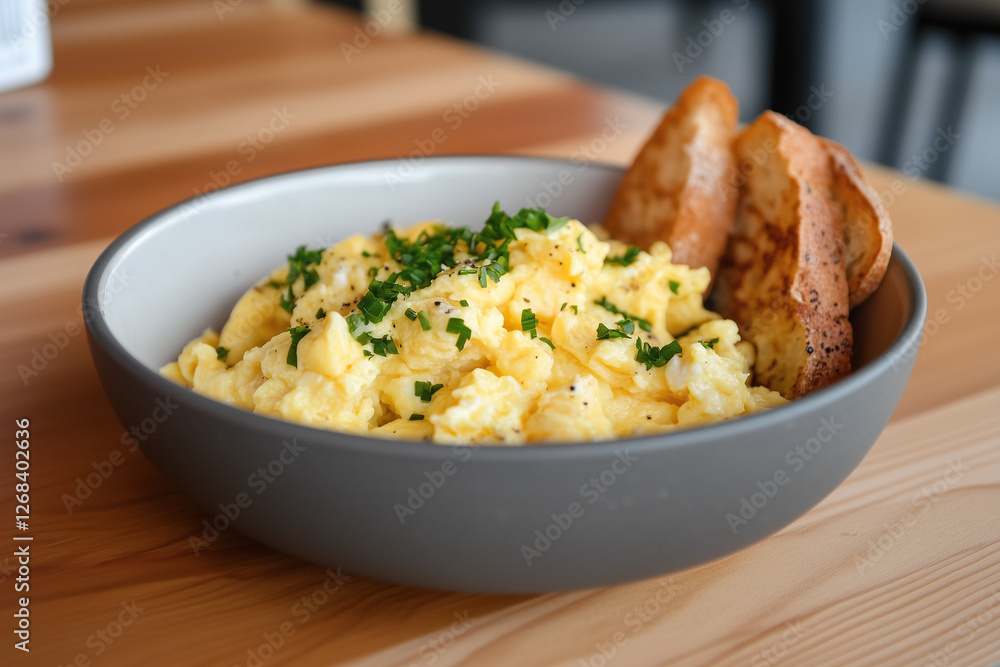 A comforting breakfast bowl with creamy scrambled eggs and crispy bread
A comforting breakfast bowl with creamy scrambled eggs and crispy bread