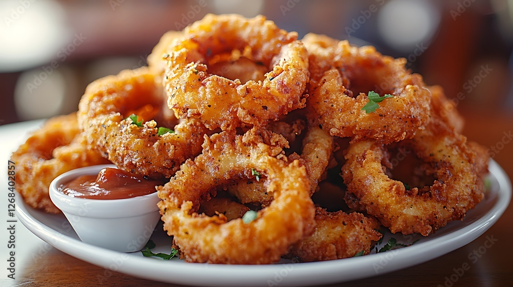A generous portion of onion rings with dipping sauce, softly blurred burger joint. A generous portion of onion rings with dipping sauce, softly blurred burger joint.