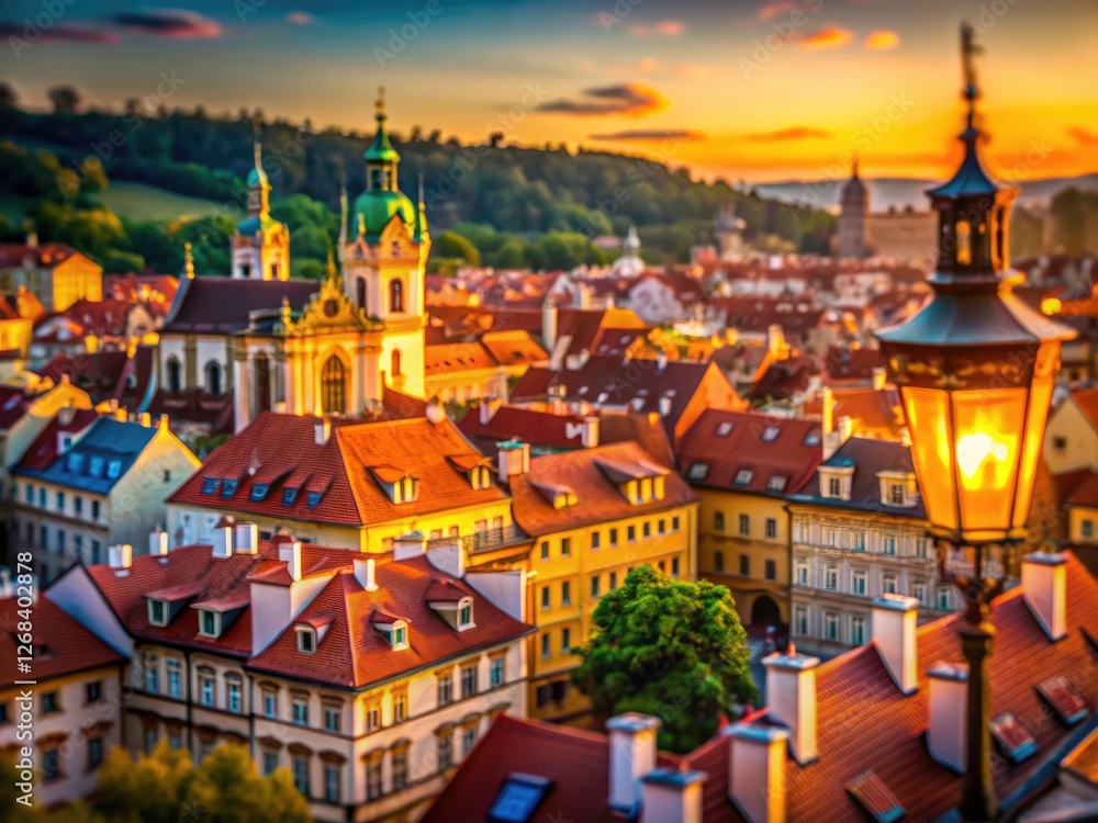 Whimsical Prague: Tilt-shift photography transforms spires, rooftops, and a lone streetlight into a tiny city. Whimsical Prague: Tilt-shift photography transforms spires, rooftops, and a lone streetlight into a tiny city.