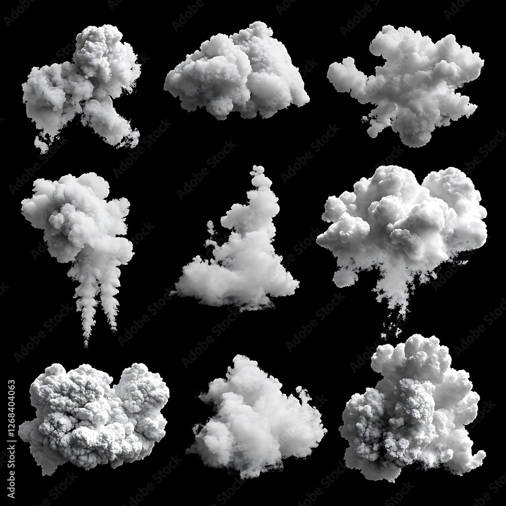Set of white smoke clouds isolated on black background Set of white smoke clouds isolated on black background