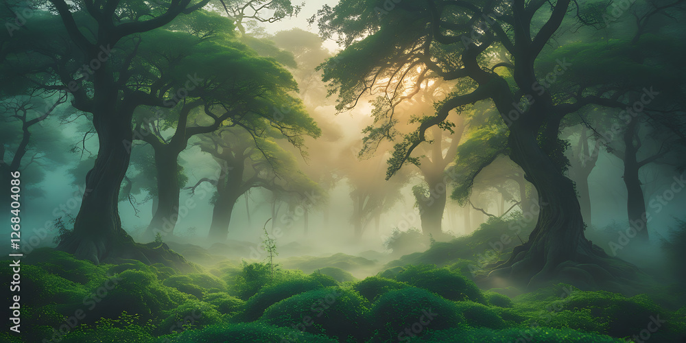 A breathtakingly beautiful nature background featuring a majestic, serene, and intriguing scene that exudes tranquility, with lush greenery, towering trees, created by generative ai A breathtakingly beautiful nature background featuring a majestic, serene, and intriguing scene that exudes tranquility, with lush greenery, towering trees, created by generative ai