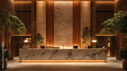 Luxury hotel lobby reception, marble desk, night lighting, plants
