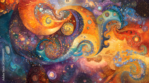 A picture featuring a skyscape of multicolored nebulae, stars and galaxies swirling together like a kaleidoscope. Galactic Mosaic Skies. Illustration photo