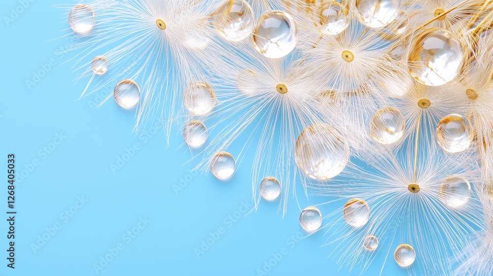 Fototapeta premium Dandelion seeds with dew droplets against light blue sky background