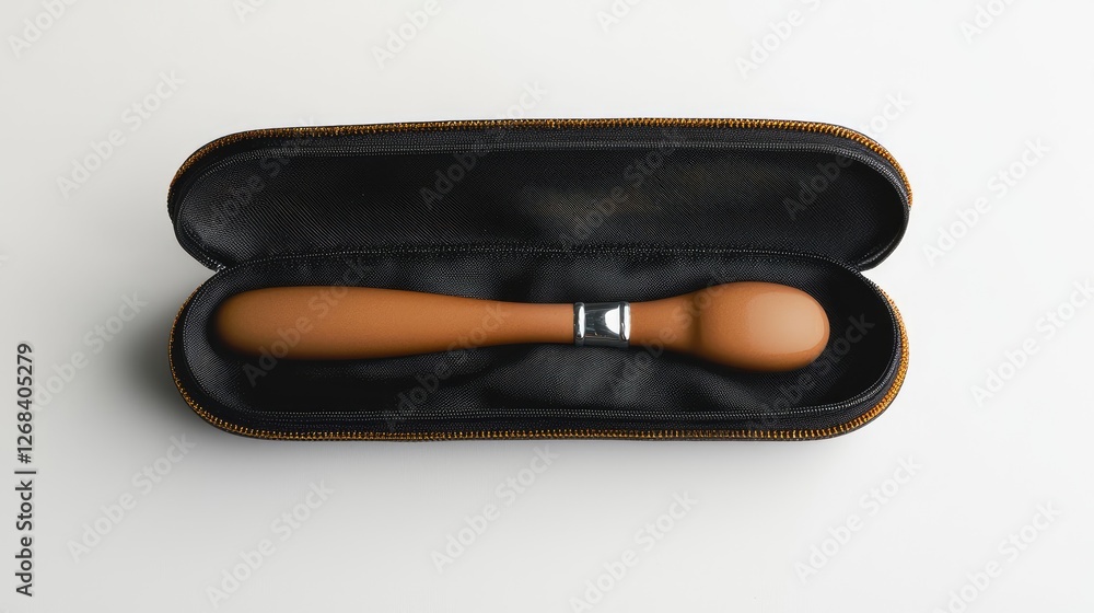 Tan handle with chrome accent in black zippered case Tan handle with chrome accent in black zippered case