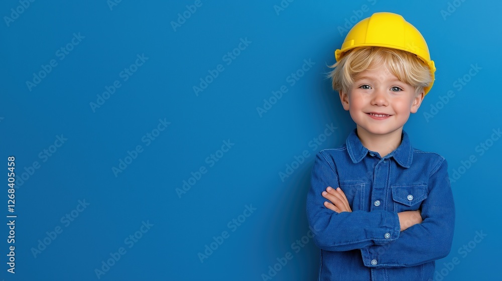 Smiling child in yellow hard hat against blue background Smiling child in yellow hard hat against blue background