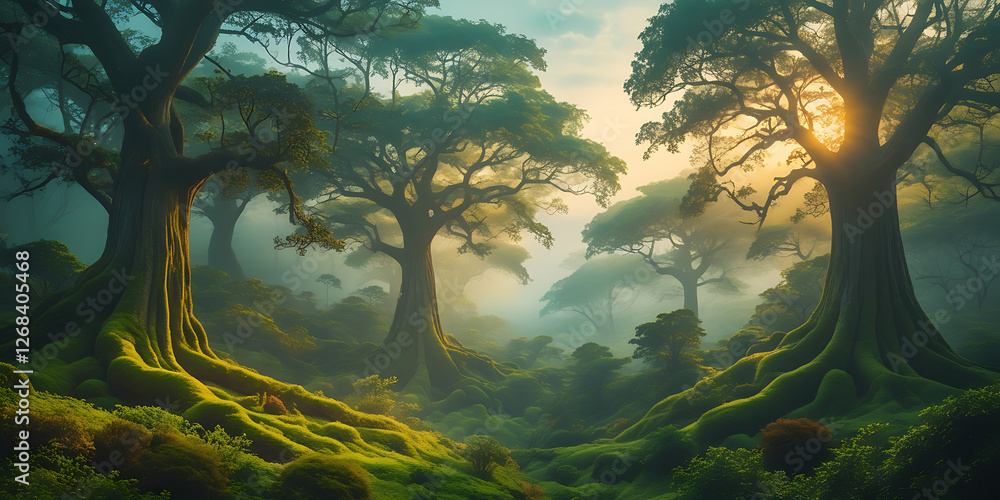 Fototapeta premium A breathtakingly beautiful nature background featuring a majestic, serene, and intriguing scene that exudes tranquility, with lush greenery, towering trees, created by generative ai