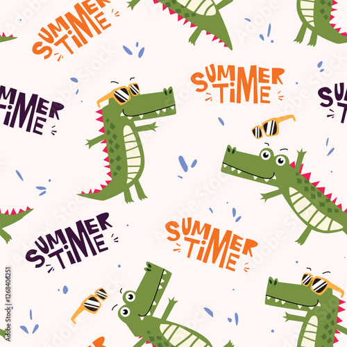 Childish seamless pattern with hand drawn cute crocodiles with sunglasses in summer time. Vector illustration.