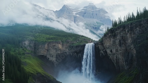 Majestic Waterfall Cascading Down Rocky Cliffs Amidst Misty Mountains and Lush Green Forest
