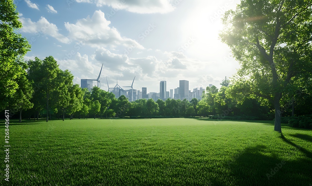 Obraz premium A vibrant depiction of a self-sustaining smart city with lush greenery enhancing urban living.