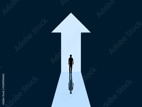 Development, Success, Opportunity ,Businessman Walking Through an Arrow-Shaped Door Growing