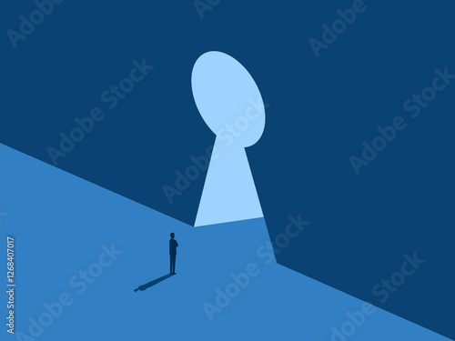 Key to success, man looks at the keyhole door to discover new areas