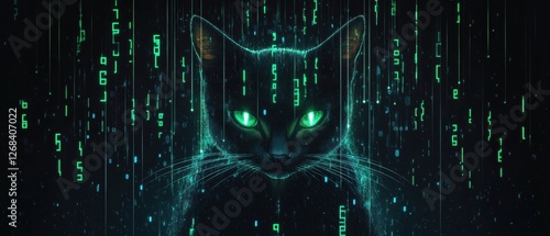 Futuristic Black Cat with Glowing Green Eyes Surrounded by Digital Matrix Patterns in an Enigmatic Dark Background