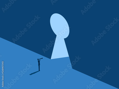 Step into the opportunity, Businessman looks at the keyhole door to discover new areas