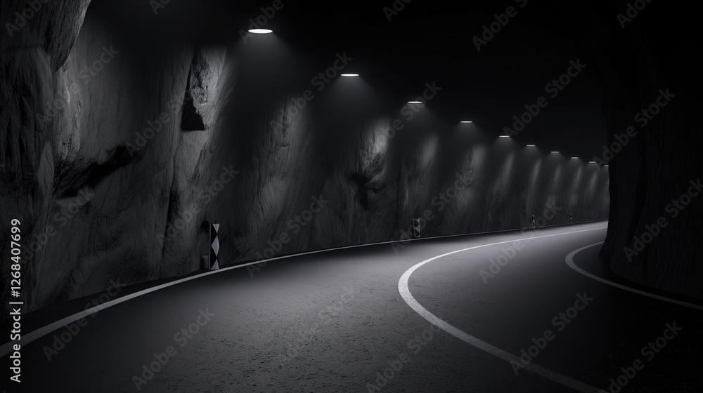 Obraz premium Dimly lit tunnel with curved road and textured rock walls