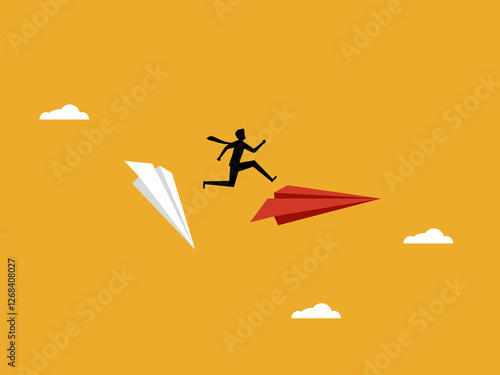 Risk .man jumps over and changes to a new paper plane