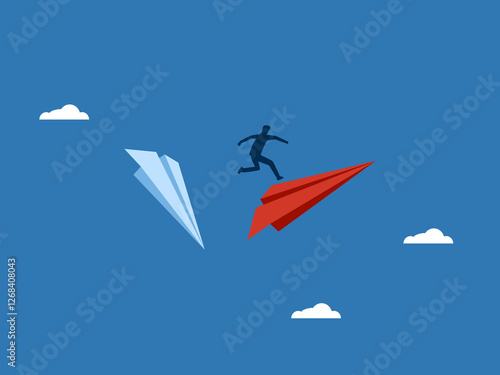 Career change .Businessman jumps over a paper plane