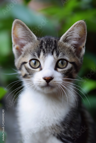Wallpaper Mural A close-up of a curious tabby kitten with bright eyes and a green leafy background. Torontodigital.ca