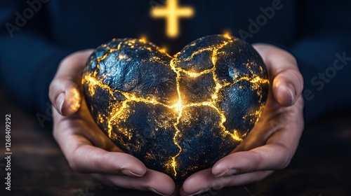 Hands holding a cracked heart with glowing golden light and cross background