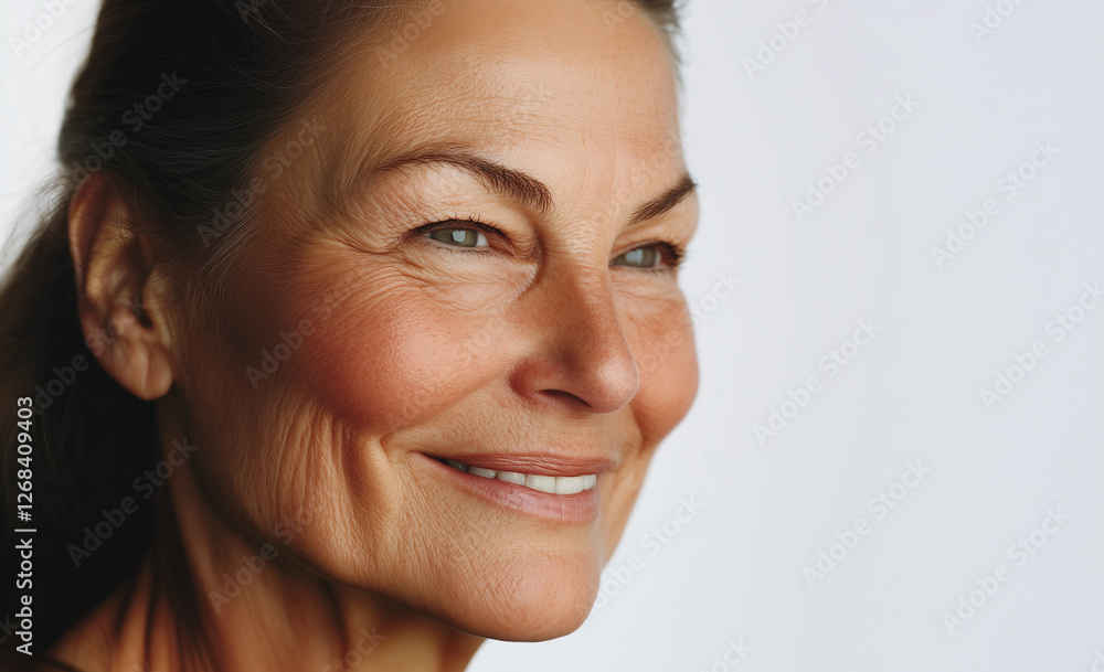 Naklejka premium 40s 50s 60s old older mature forties fifties sixties boomer woman beautiful model glowing skin wrinkles fine lines filler plastic surgery face lift plain white background healthy menopause hormones