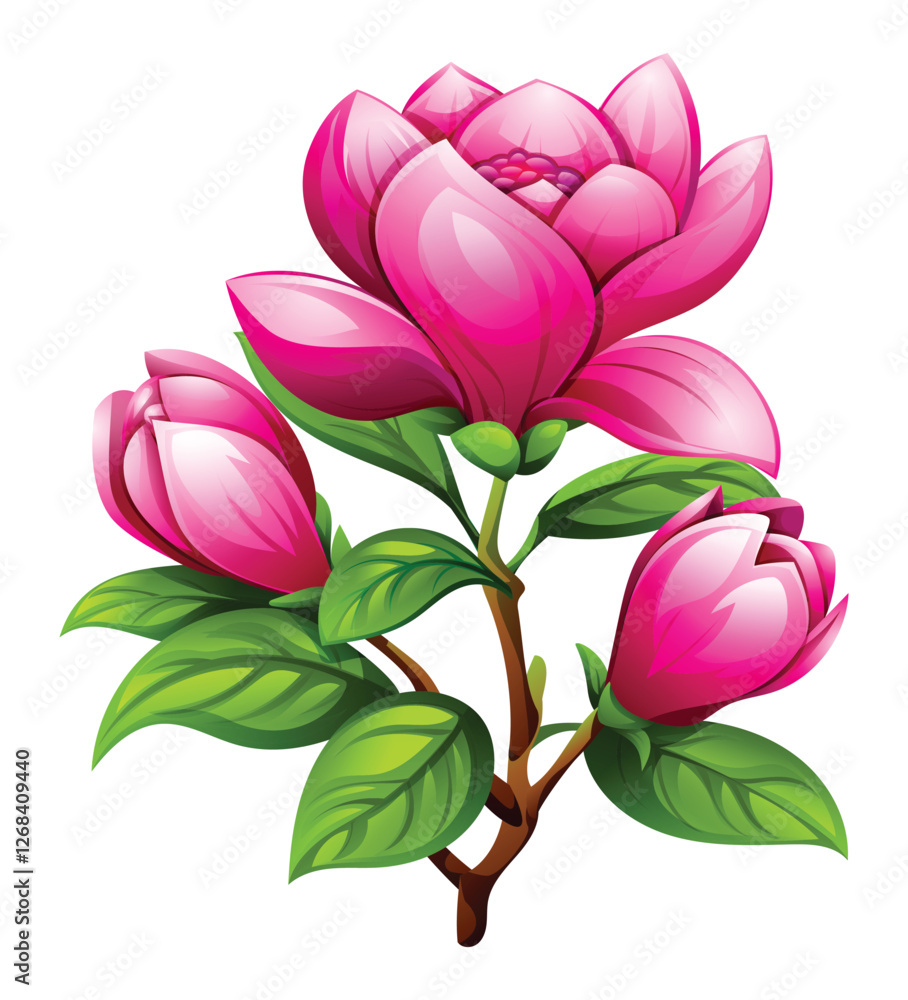 Magnolia branch with multiple pink flowers and buds, surrounded by leaves. Vector cartoon illustration Magnolia branch with multiple pink flowers and buds, surrounded by leaves. Vector cartoon illustration
