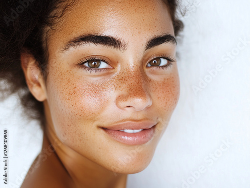 close up black african mixed race glowing skin freckles tanned thick eyebrows woman young hazel eyes model fresh glow clean skincare natural makeup modern smiling plain white studio background 