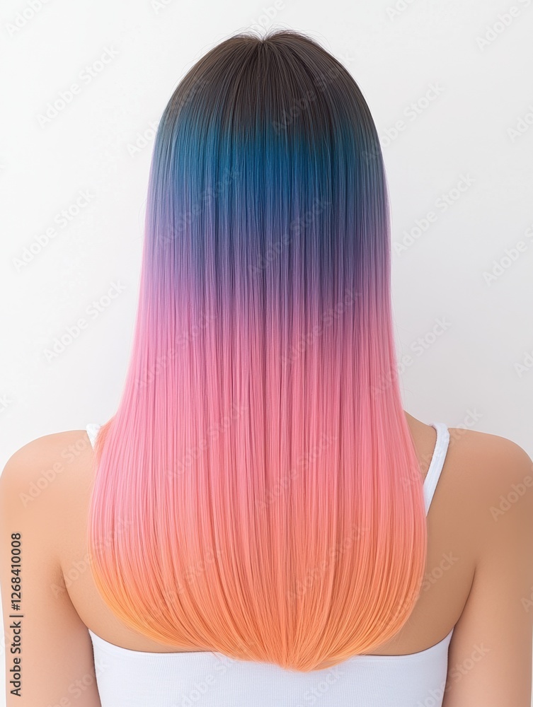 Naklejka premium Vibrant multicolored ombre hair on woman in white tank top