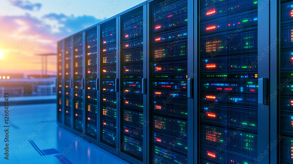 Fototapeta premium Illuminated Server Racks in Data Center at Dusk