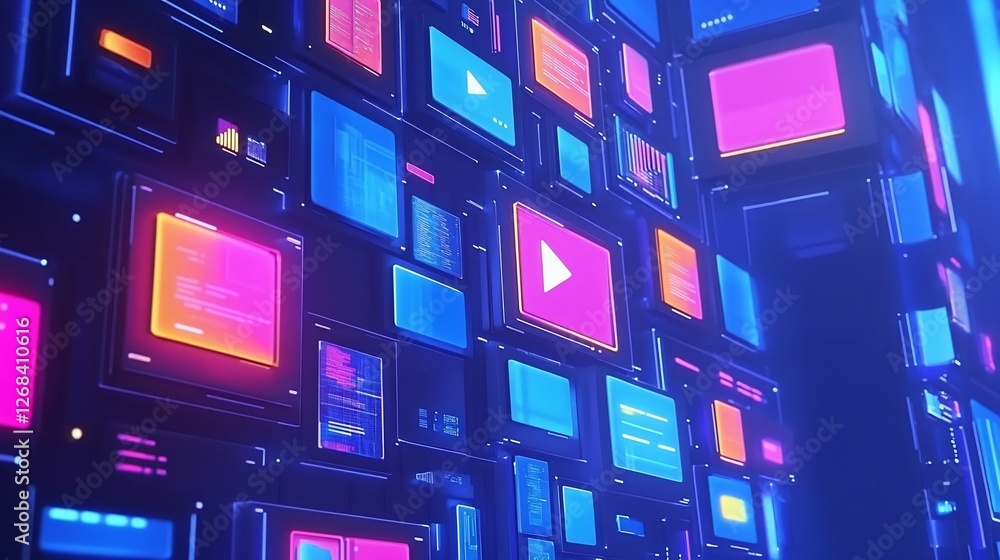 Fototapeta premium Abstract digital wall of colorful screens with play buttons and data.