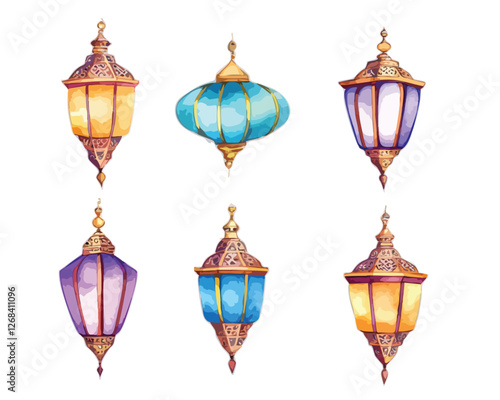 Hand-painted watercolor lantern set with colorful glass and intricate metal details for Islamic decoration and festive ambiance  
