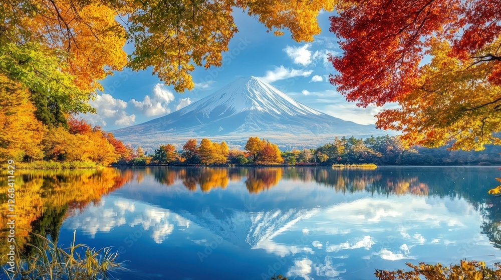 Naklejka premium A reflective mountain lake in Japan framed by bright and colorful trees during summer. Stock photo