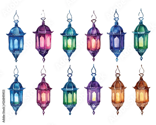 Hand-painted watercolor lantern set with colorful glass and intricate metal details for Islamic decoration and festive ambiance  
