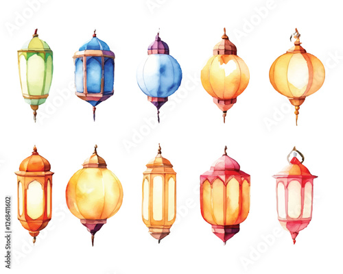 Hand-painted watercolor lantern set with colorful glass and intricate metal details for Islamic decoration and festive ambiance  
