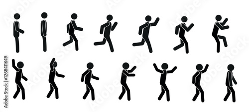 a large set of figures of small people on a white background, sketch, silhouettes of running, dancing people