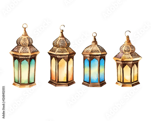 Hand-painted watercolor lantern set with colorful glass and intricate metal details for Islamic decoration and festive ambiance  
