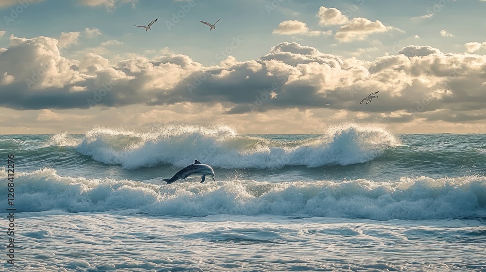 Fototapeta premium Dolphin leaping over ocean waves at sunset.