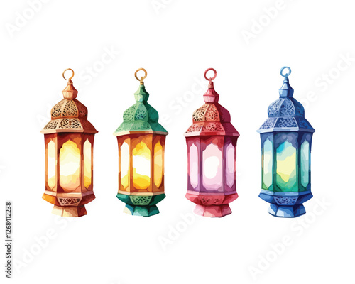 Hand-painted watercolor lantern set with colorful glass and intricate metal details for Islamic decoration  
