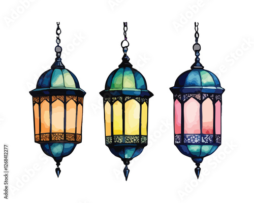 Hand-painted watercolor lantern set with colorful glass and intricate metal details for Islamic decoration  
