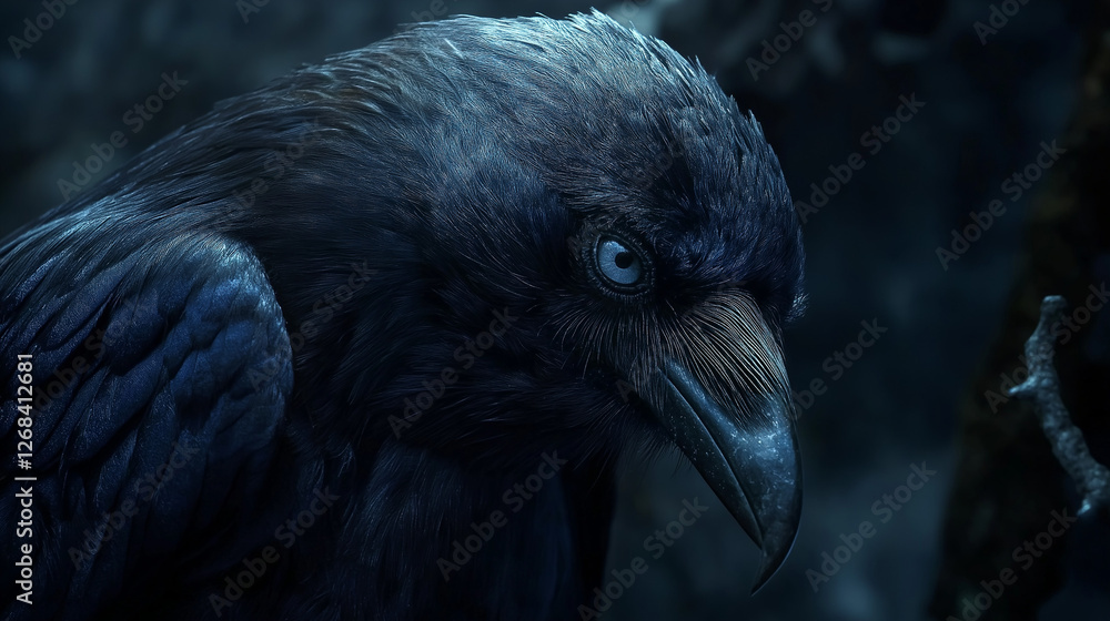 Close-up of a raven, glossy black feathers reflecting barely noticeable blue highlights, a sharp beak and piercing gaze of staring eyes Close-up of a raven, glossy black feathers reflecting barely noticeable blue highlights, a sharp beak and piercing gaze of staring eyes